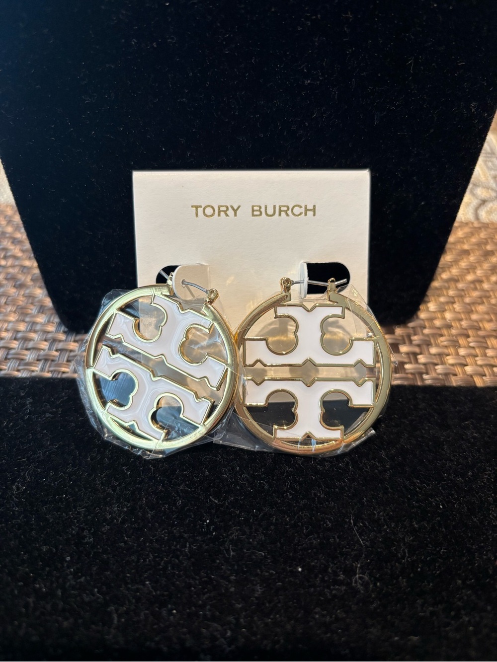 Tory Burch White and Gold Logo Drop Earrings